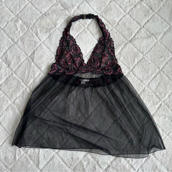 Victoria's Secret | Silver Label Black Chiffon Floral Babydoll | Size Medium - Picture 3 of 12